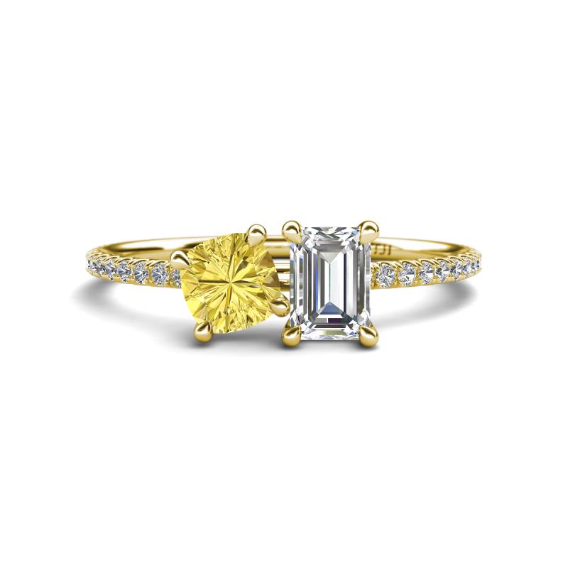 Elyse 6.00 mm Cushion Shape Lab Created Yellow Sapphire and 7x5 mm Emerald Shape Forever One Moissanite 2 Stone Duo Ring 