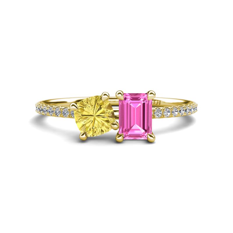 Elyse 6.00 mm Cushion Shape Lab Created Yellow Sapphire and 7x5 mm Emerald Shape Lab Created Pink Sapphire 2 Stone Duo Ring 