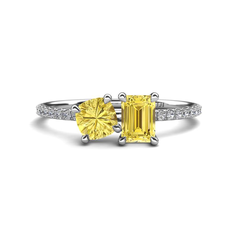 Elyse 6.00 mm Cushion Shape and 7x5 mm Emerald Shape Lab Created Yellow Sapphire 2 Stone Duo Ring 