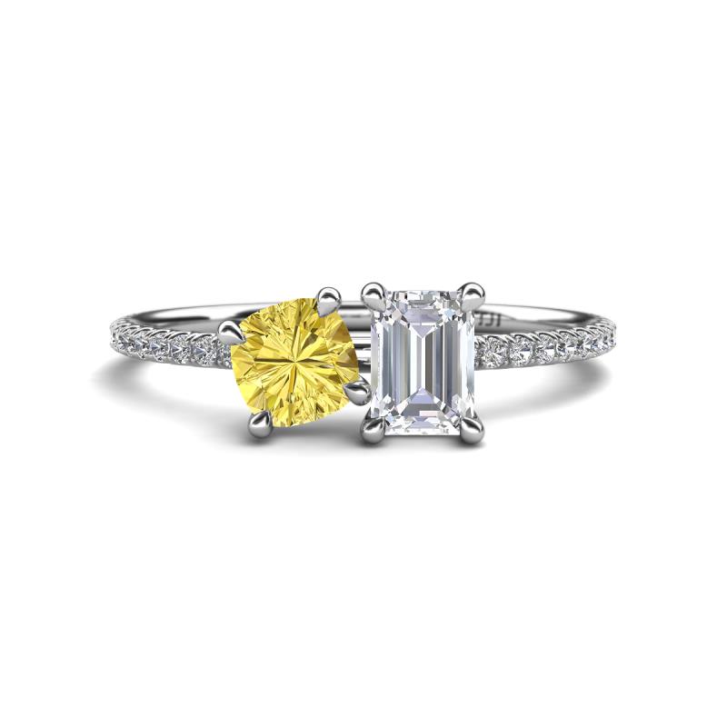 Elyse 6.00 mm Cushion Shape Lab Created Yellow Sapphire and 7x5 mm Emerald Shape White Sapphire 2 Stone Duo Ring 
