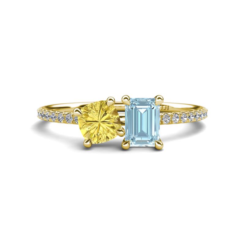 Elyse 6.00 mm Cushion Shape Lab Created Yellow Sapphire and 7x5 mm Emerald Shape Aquamarine 2 Stone Duo Ring 