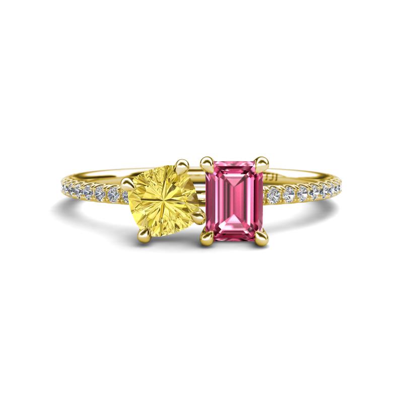 Elyse 6.00 mm Cushion Shape Lab Created Yellow Sapphire and 7x5 mm Emerald Shape Pink Tourmaline 2 Stone Duo Ring 