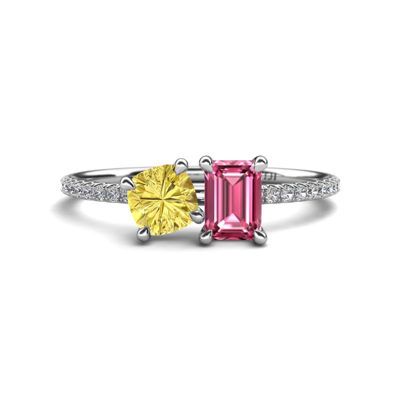Elyse 6.00 mm Cushion Shape Lab Created Yellow Sapphire and 7x5 mm Emerald Shape Pink Tourmaline 2 Stone Duo Ring 