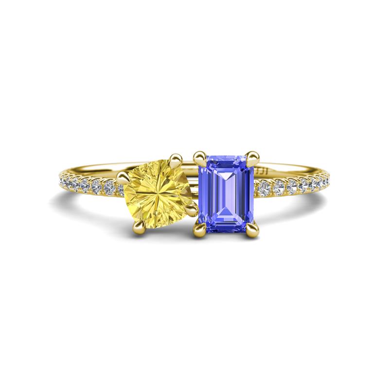 Elyse 6.00 mm Cushion Shape Lab Created Yellow Sapphire and 7x5 mm Emerald Shape Tanzanite 2 Stone Duo Ring 