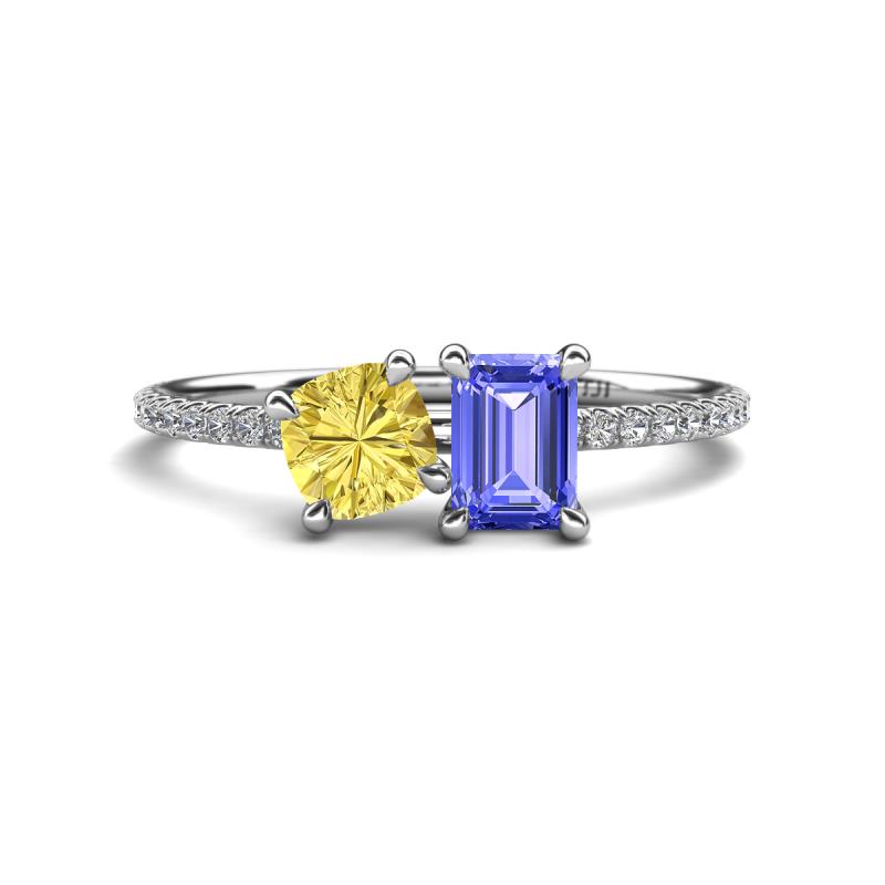 Elyse 6.00 mm Cushion Shape Lab Created Yellow Sapphire and 7x5 mm Emerald Shape Tanzanite 2 Stone Duo Ring 