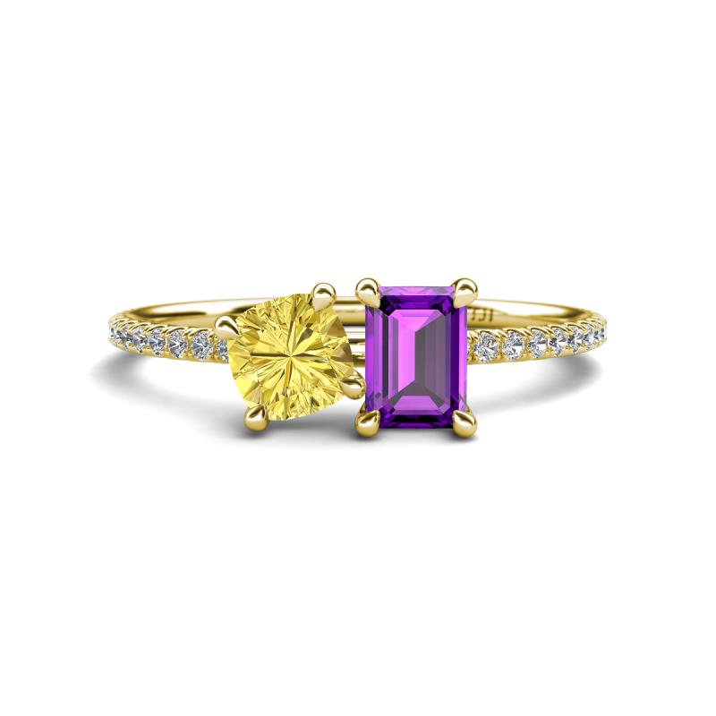 Elyse 6.00 mm Cushion Shape Lab Created Yellow Sapphire and 7x5 mm Emerald Shape Amethyst 2 Stone Duo Ring 
