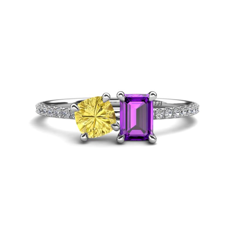 Elyse 6.00 mm Cushion Shape Lab Created Yellow Sapphire and 7x5 mm Emerald Shape Amethyst 2 Stone Duo Ring 