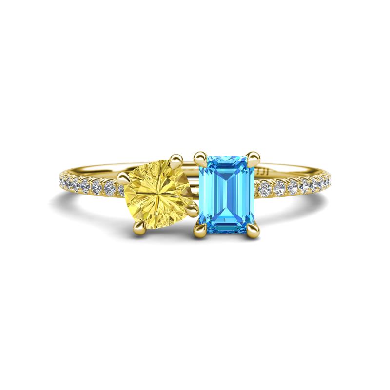 Elyse 6.00 mm Cushion Shape Lab Created Yellow Sapphire and 7x5 mm Emerald Shape Blue Topaz 2 Stone Duo Ring 