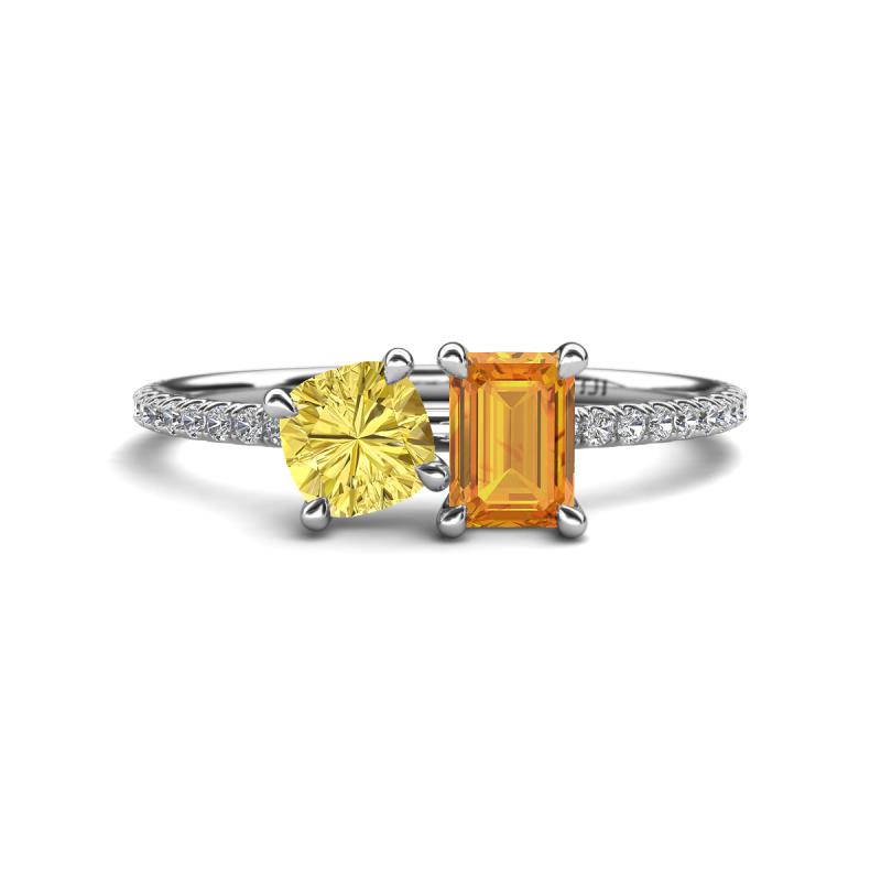 Elyse 6.00 mm Cushion Shape Lab Created Yellow Sapphire and 7x5 mm Emerald Shape Citrine 2 Stone Duo Ring 