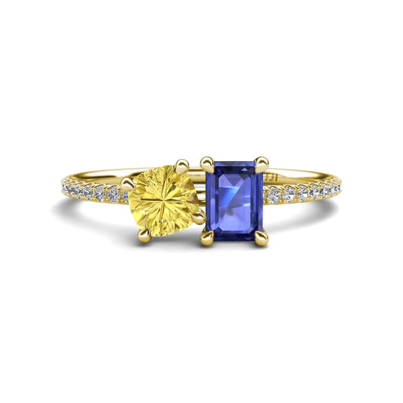 Elyse 6.00 mm Cushion Shape Lab Created Yellow Sapphire and 7x5 mm Emerald Shape Iolite 2 Stone Duo Ring 