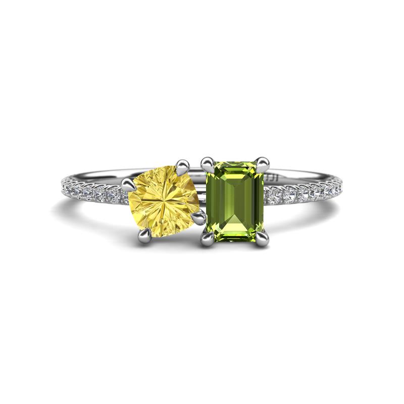 Elyse 6.00 mm Cushion Shape Lab Created Yellow Sapphire and 7x5 mm Emerald Shape Peridot 2 Stone Duo Ring 