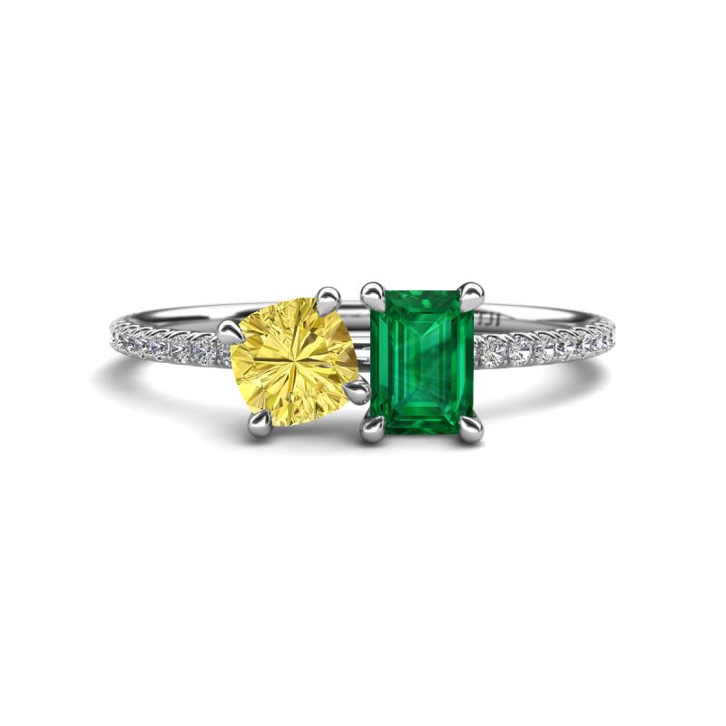 Elyse 6.00 mm Cushion Shape Lab Created Yellow Sapphire and 7x5 mm Emerald Shape Lab Created Emerald 2 Stone Duo Ring 