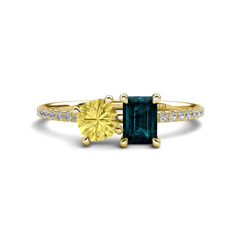 Elyse 6.00 mm Cushion Shape Lab Created Yellow Sapphire and 7x5 mm Emerald Shape London Blue Topaz 2 Stone Duo Ring 
