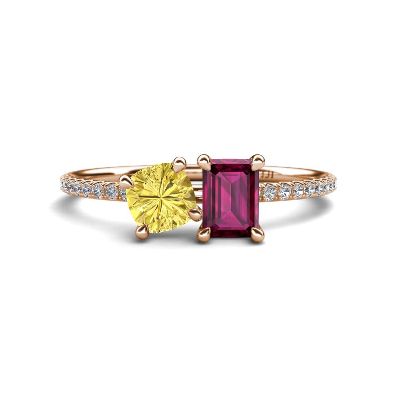 Elyse 6.00 mm Cushion Shape Lab Created Yellow Sapphire and 7x5 mm Emerald Shape Rhodolite Garnet 2 Stone Duo Ring 