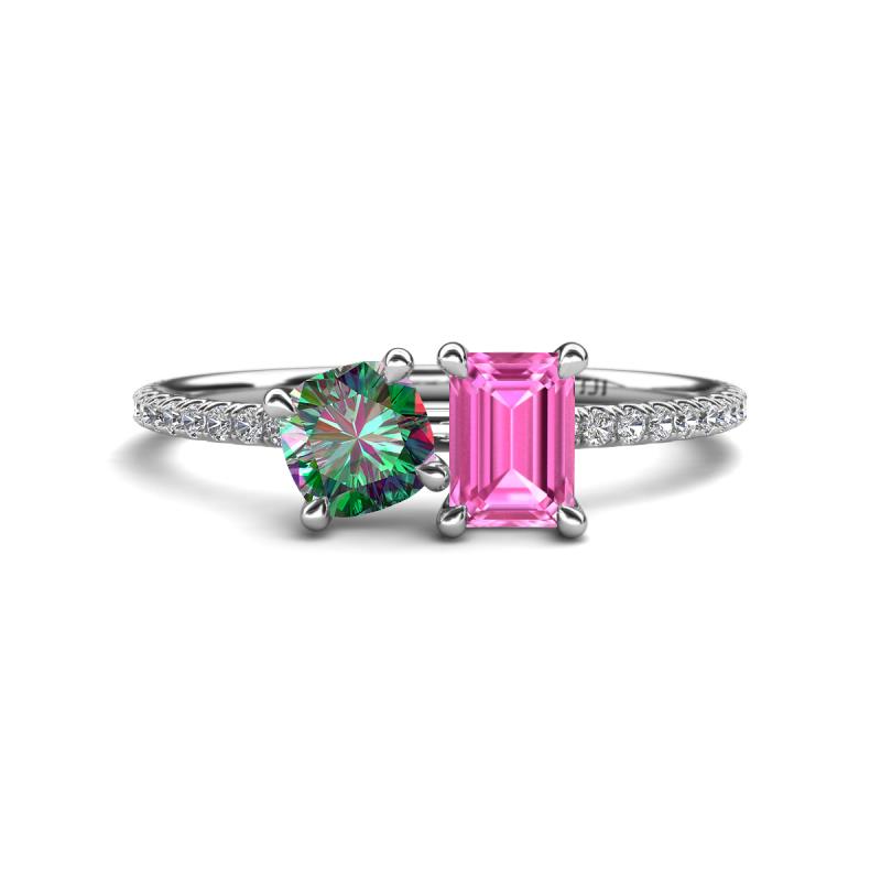 Elyse 6.00 mm Cushion Shape Lab Created Alexandrite and 7x5 mm Emerald Shape Lab Created Pink Sapphire 2 Stone Duo Ring 