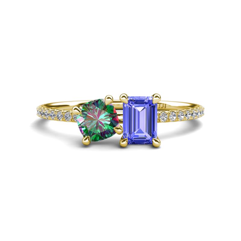 Elyse 6.00 mm Cushion Shape Lab Created Alexandrite and 7x5 mm Emerald Shape Tanzanite 2 Stone Duo Ring 