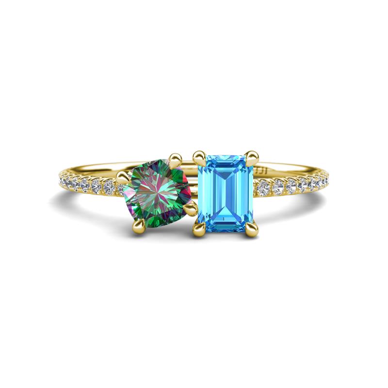 Elyse 6.00 mm Cushion Shape Lab Created Alexandrite and 7x5 mm Emerald Shape Blue Topaz 2 Stone Duo Ring 