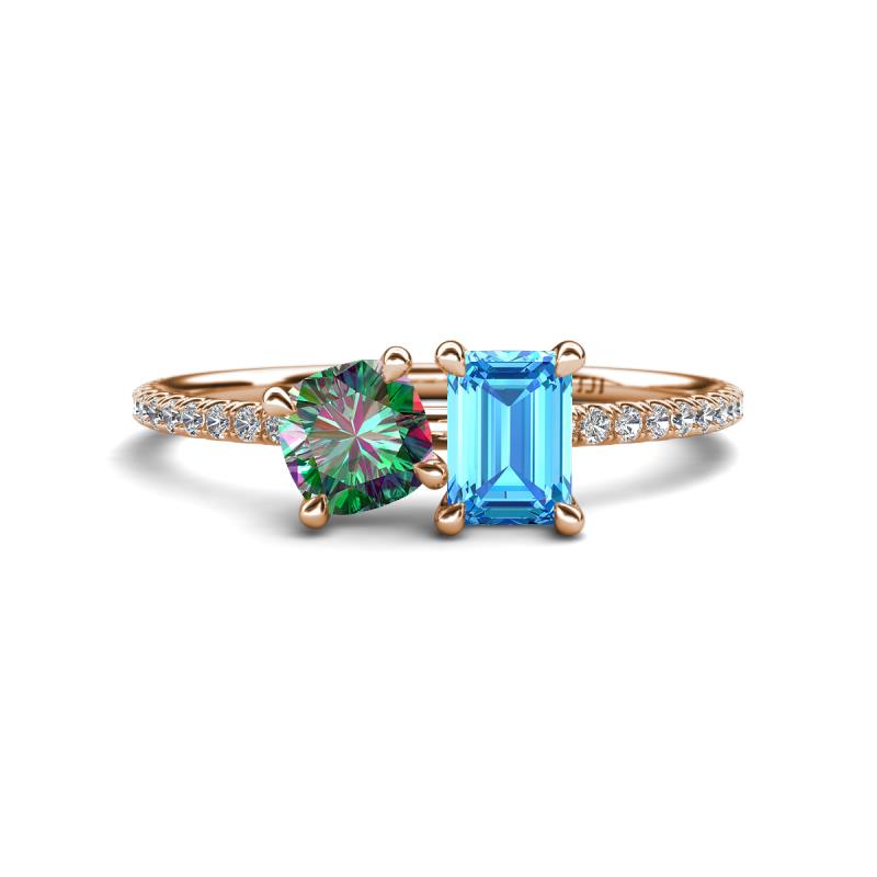 Elyse 6.00 mm Cushion Shape Lab Created Alexandrite and 7x5 mm Emerald Shape Blue Topaz 2 Stone Duo Ring 