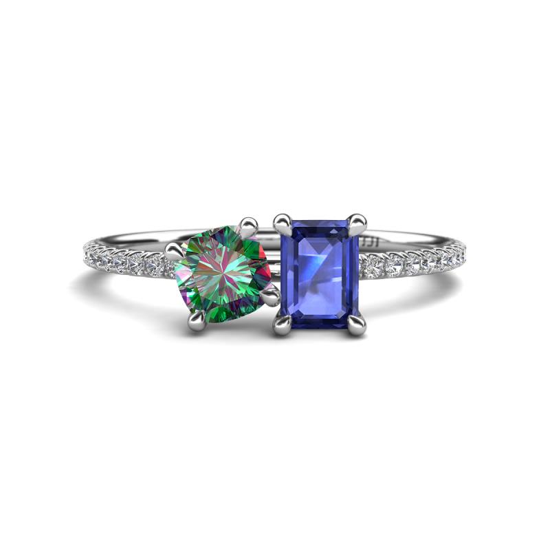 Elyse 6.00 mm Cushion Shape Lab Created Alexandrite and 7x5 mm Emerald Shape Iolite 2 Stone Duo Ring 