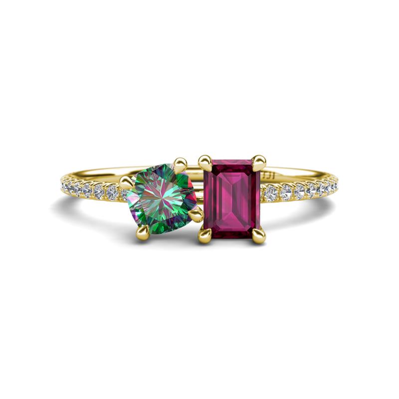 Elyse 6.00 mm Cushion Shape Lab Created Alexandrite and 7x5 mm Emerald Shape Rhodolite Garnet 2 Stone Duo Ring 