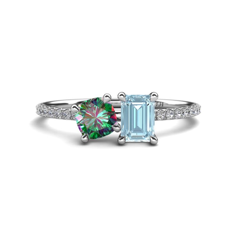 Elyse 6.00 mm Cushion Shape Lab Created Alexandrite and 7x5 mm Emerald Shape Aquamarine 2 Stone Duo Ring 