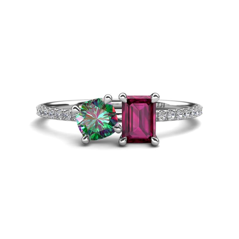 Elyse 6.00 mm Cushion Shape Lab Created Alexandrite and 7x5 mm Emerald Shape Rhodolite Garnet 2 Stone Duo Ring 