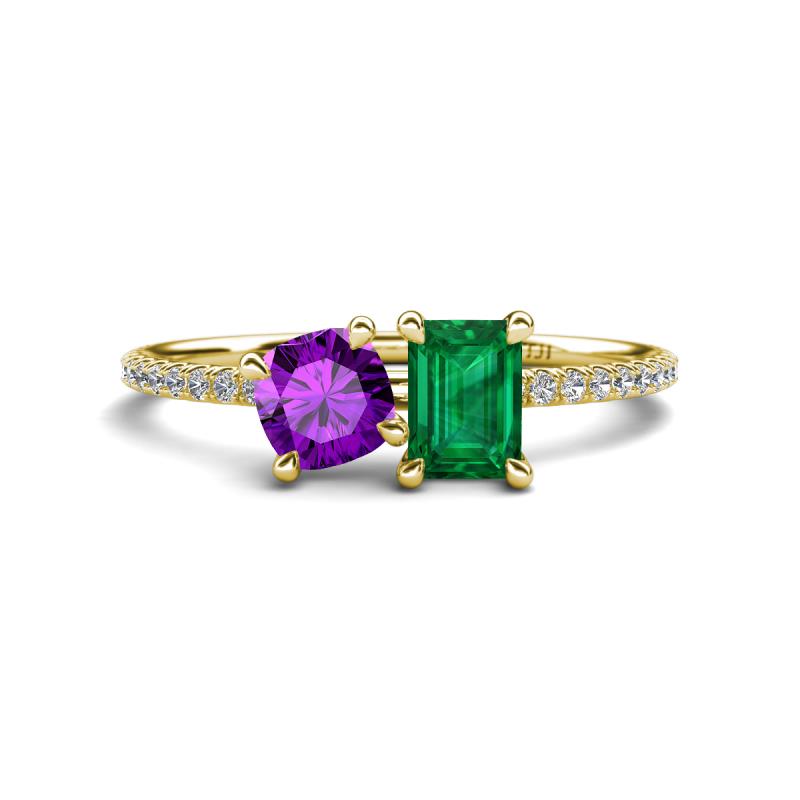 Elyse 6.00 mm Cushion Shape Amethyst and 7x5 mm Emerald Shape Lab Created Emerald 2 Stone Duo Ring 