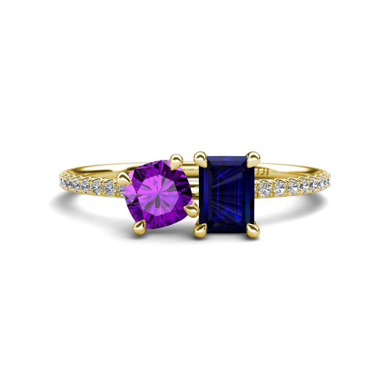 Elyse 6.00 mm Cushion Shape Amethyst and 7x5 mm Emerald Shape Lab Created Blue Sapphire 2 Stone Duo Ring 