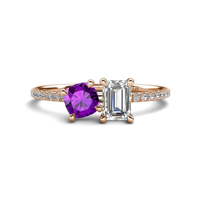 Elyse 6.00 mm Cushion Shape Amethyst and GIA Certified 7x5 mm Emerald Shape Diamond 2 Stone Duo Ring 