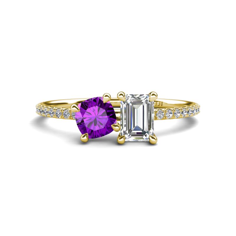 Elyse 6.00 mm Cushion Shape Amethyst and 7x5 mm Emerald Shape Forever Brilliant Moissanite 2 Stone Duo Ring 