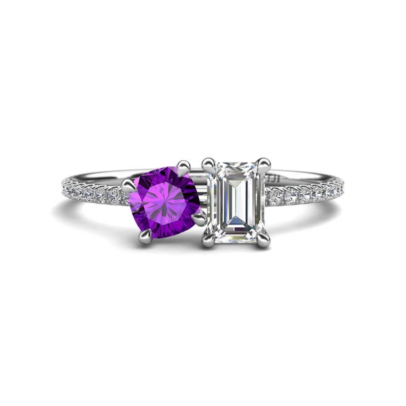 Elyse 6.00 mm Cushion Shape Amethyst and 7x5 mm Emerald Shape Forever One Moissanite 2 Stone Duo Ring 