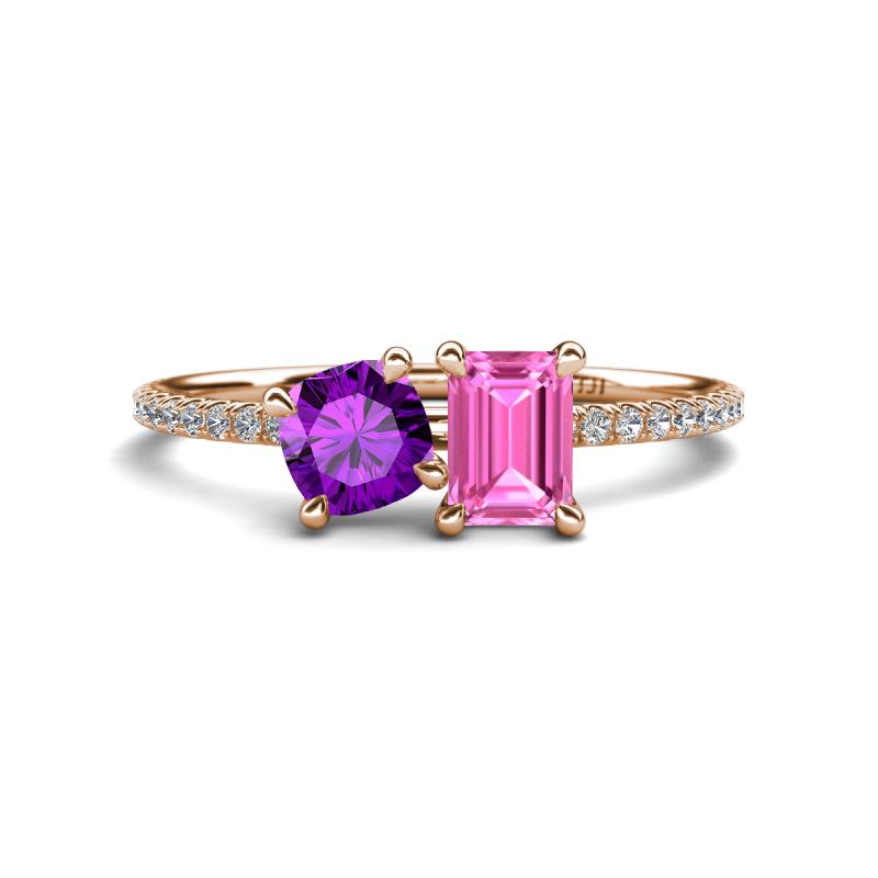 Elyse 6.00 mm Cushion Shape Amethyst and 7x5 mm Emerald Shape Lab Created Pink Sapphire 2 Stone Duo Ring 