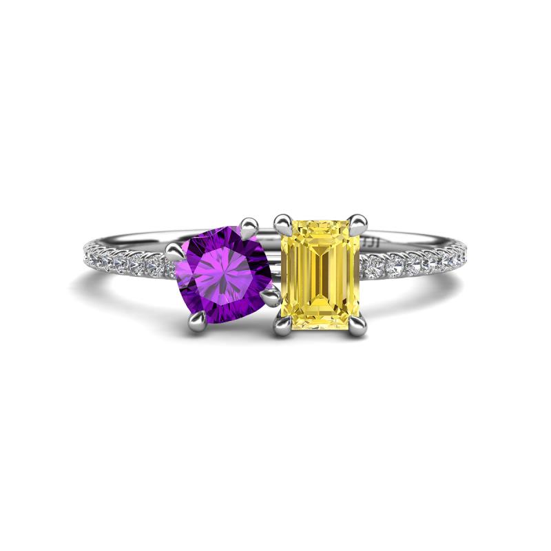Elyse 6.00 mm Cushion Shape Amethyst and 7x5 mm Emerald Shape Lab Created Yellow Sapphire 2 Stone Duo Ring 
