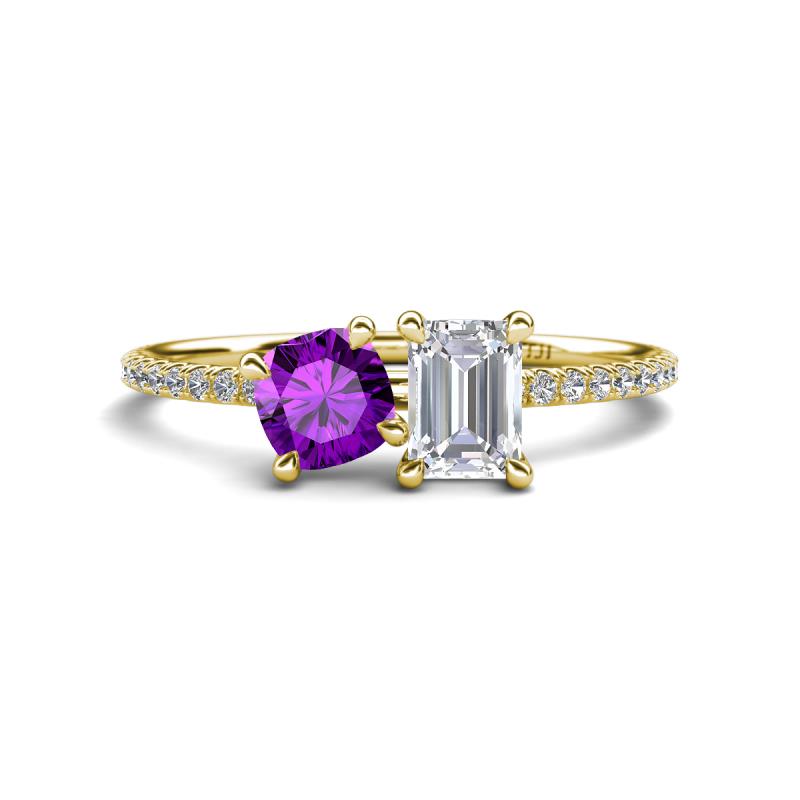 Elyse 6.00 mm Cushion Shape Amethyst and 7x5 mm Emerald Shape White Sapphire 2 Stone Duo Ring 