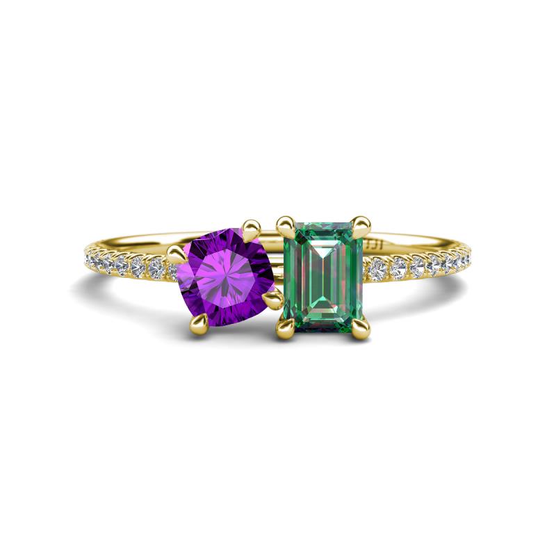 Elyse 6.00 mm Cushion Shape Amethyst and 7x5 mm Emerald Shape Lab Created Alexandrite 2 Stone Duo Ring 