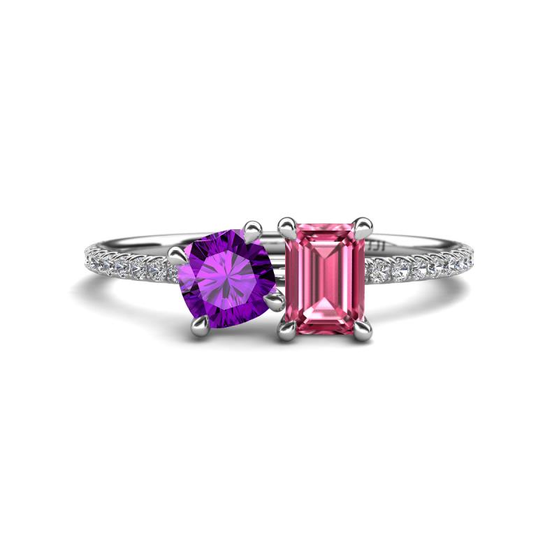 Elyse 6.00 mm Cushion Shape Amethyst and 7x5 mm Emerald Shape Pink Tourmaline 2 Stone Duo Ring 