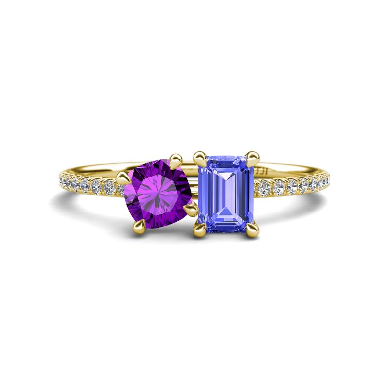 Elyse 6.00 mm Cushion Shape Amethyst and 7x5 mm Emerald Shape Tanzanite 2 Stone Duo Ring 