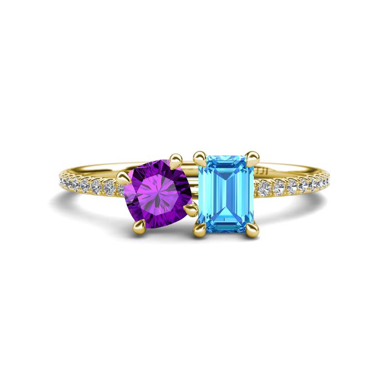 Elyse 6.00 mm Cushion Shape Amethyst and 7x5 mm Emerald Shape Blue Topaz 2 Stone Duo Ring 