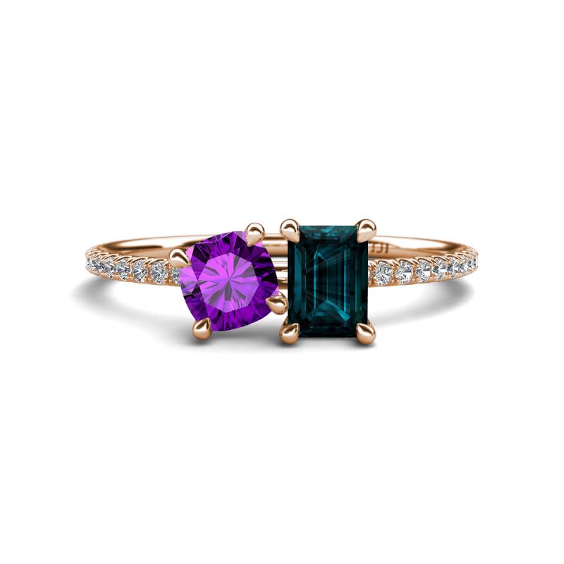 Elyse 6.00 mm Cushion Shape Amethyst and 7x5 mm Emerald Shape London Blue Topaz 2 Stone Duo Ring 