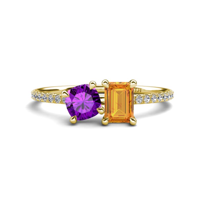 Elyse 6.00 mm Cushion Shape Amethyst and 7x5 mm Emerald Shape Citrine 2 Stone Duo Ring 