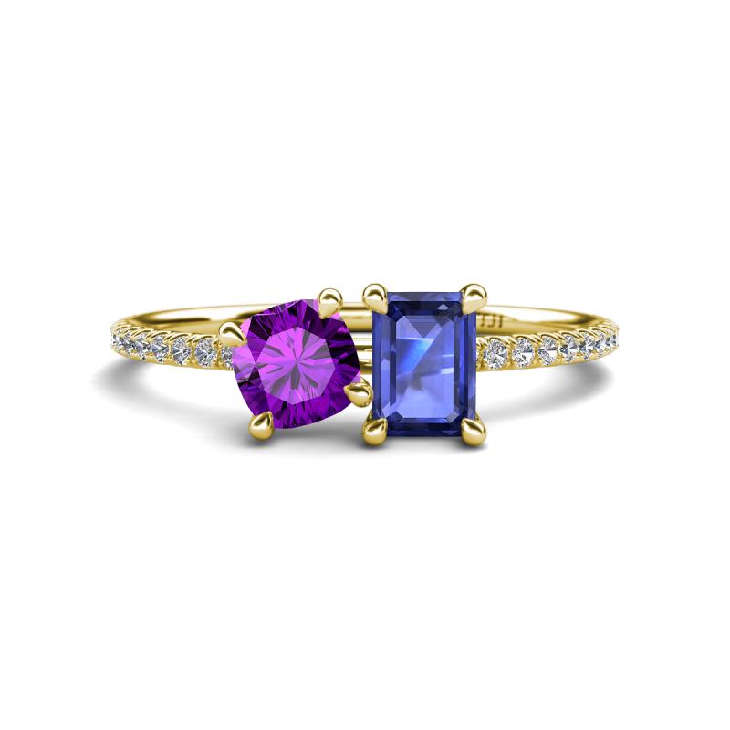 Elyse 6.00 mm Cushion Shape Amethyst and 7x5 mm Emerald Shape Iolite 2 Stone Duo Ring 