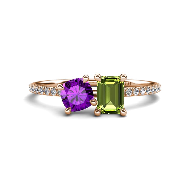 Elyse 6.00 mm Cushion Shape Amethyst and 7x5 mm Emerald Shape Peridot 2 Stone Duo Ring 