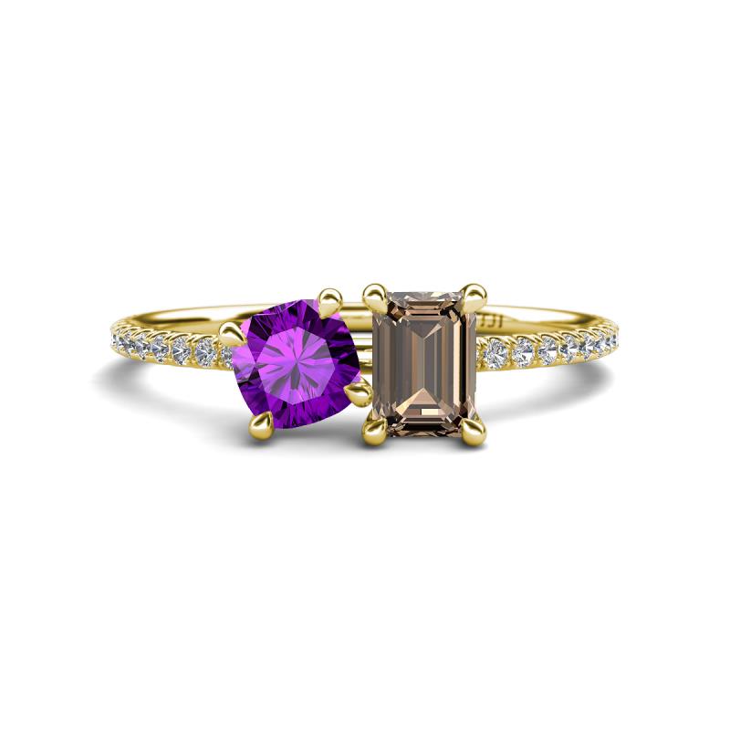 Elyse 6.00 mm Cushion Shape Amethyst and 7x5 mm Emerald Shape Smoky Quartz 2 Stone Duo Ring 