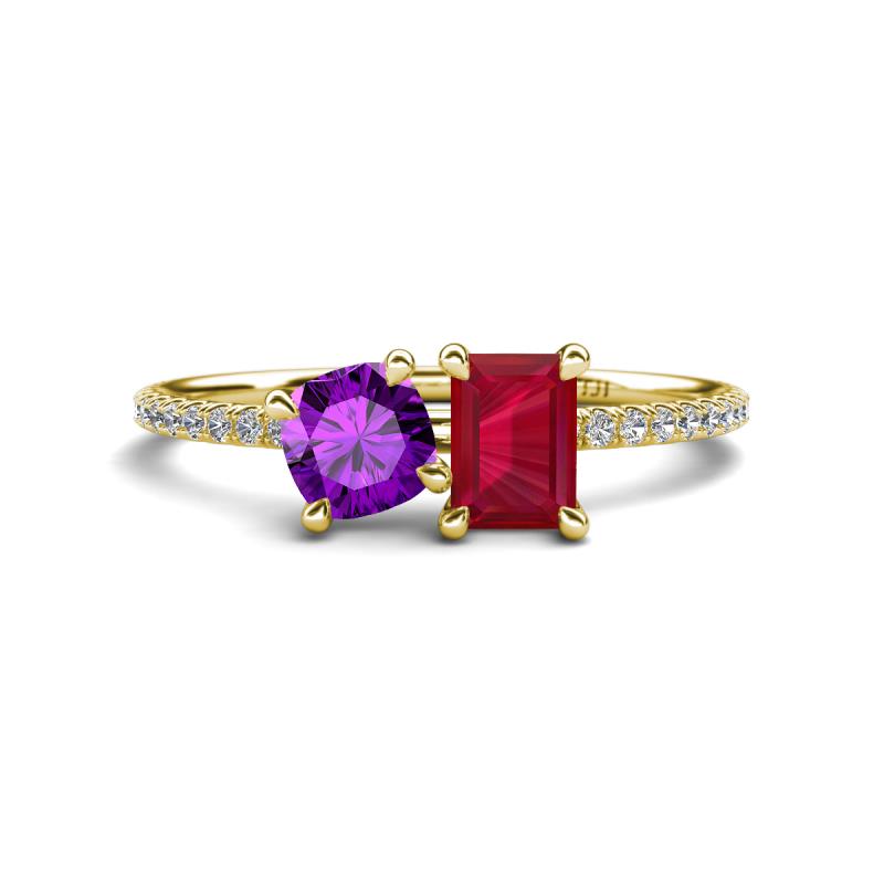 Elyse 6.00 mm Cushion Shape Amethyst and 7x5 mm Emerald Shape Lab Created Ruby 2 Stone Duo Ring 