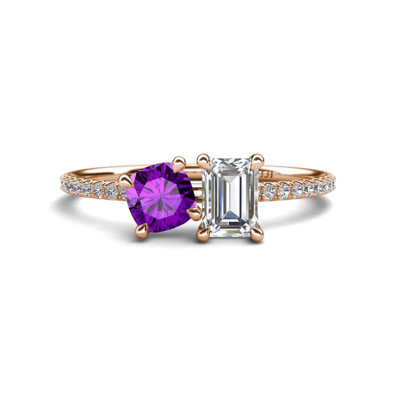 Elyse 6.00 mm Cushion Shape Amethyst and IGI Certified 7x5 mm Emerald Shape Lab Grown Diamond 2 Stone Duo Ring 