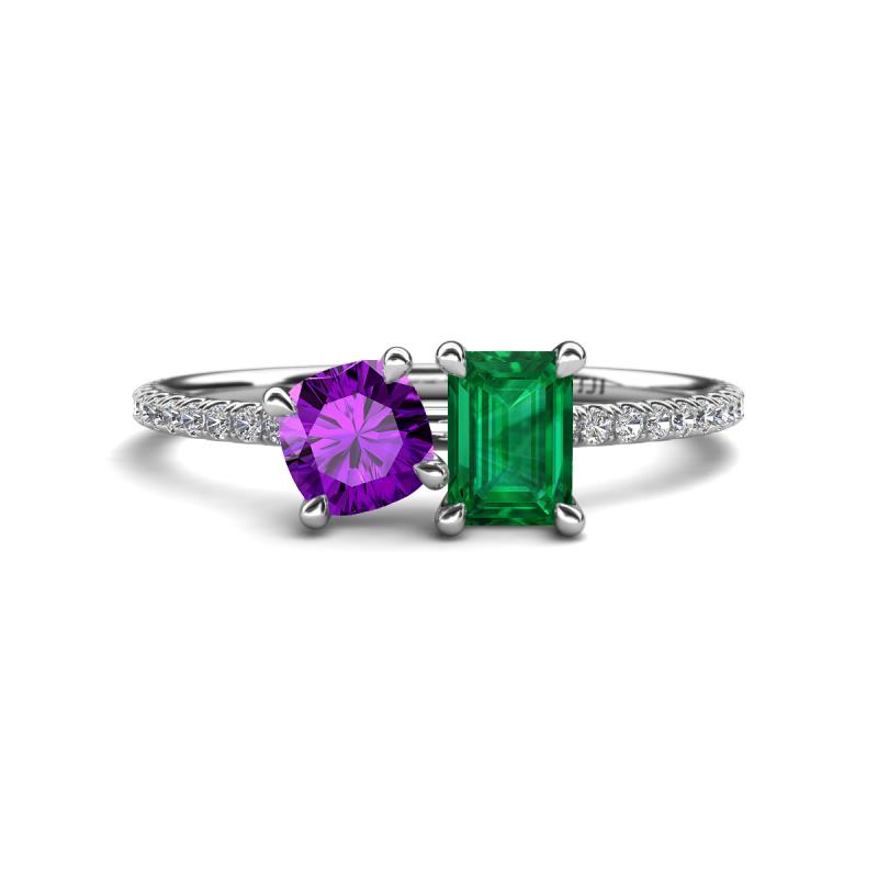 Elyse 6.00 mm Cushion Shape Amethyst and 7x5 mm Emerald Shape Lab Created Emerald 2 Stone Duo Ring 