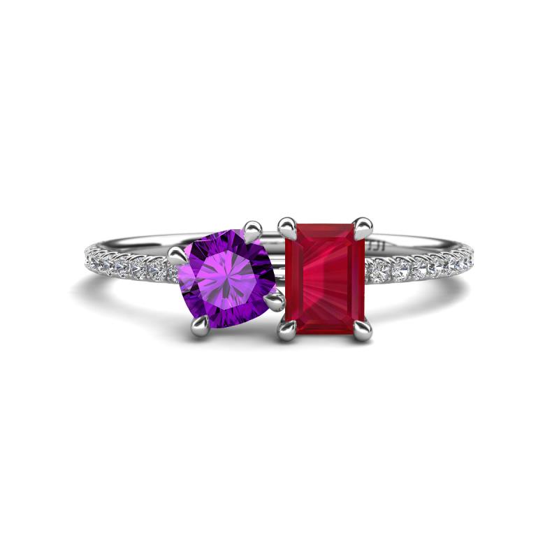 Elyse 6.00 mm Cushion Shape Amethyst and 7x5 mm Emerald Shape Lab Created Ruby 2 Stone Duo Ring 