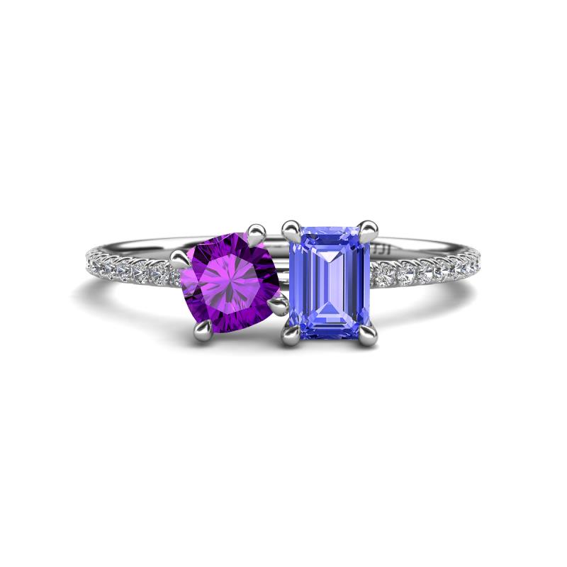 Elyse 6.00 mm Cushion Shape Amethyst and 7x5 mm Emerald Shape Tanzanite 2 Stone Duo Ring 