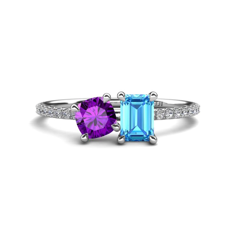 Elyse 6.00 mm Cushion Shape Amethyst and 7x5 mm Emerald Shape Blue Topaz 2 Stone Duo Ring 