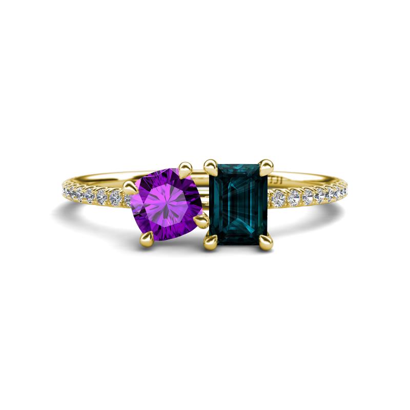 Elyse 6.00 mm Cushion Shape Amethyst and 7x5 mm Emerald Shape London Blue Topaz 2 Stone Duo Ring 